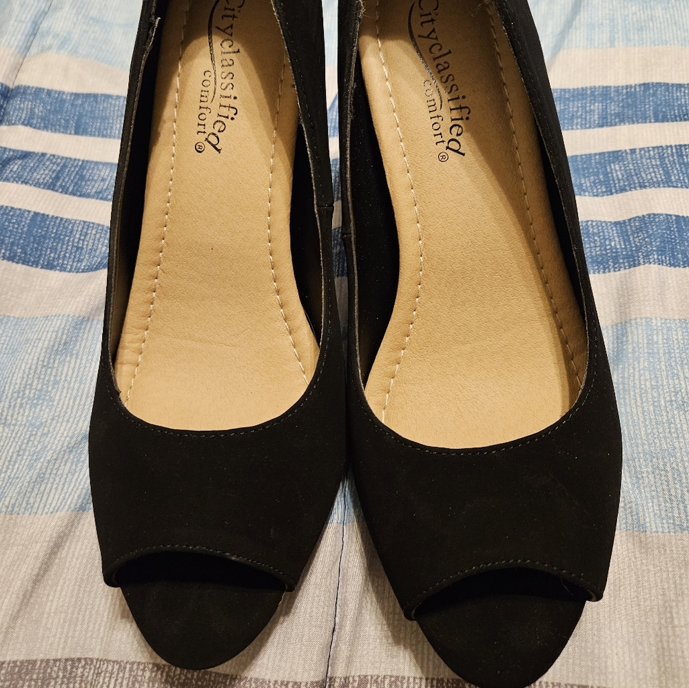 Black Suede Peeptoe Heels